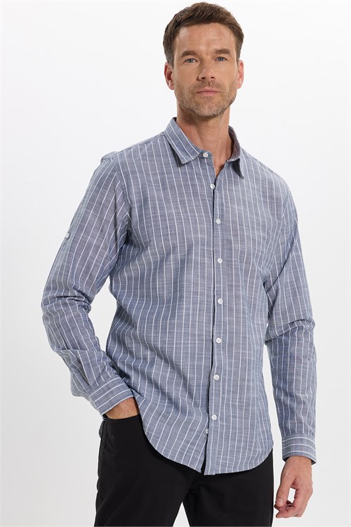 Erkek Slim Fit Dar Kesim Uzun Kollu %100 Pamuk Keten Doku Çizgili Gömlek
