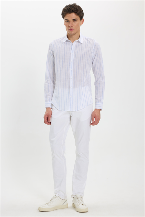 Erkek Slim Fit Dar Kesim Uzun Kollu %100 Pamuk Keten Doku Çizgili Gömlek