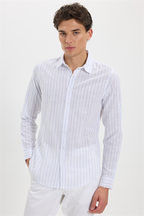 Erkek Slim Fit Dar Kesim Uzun Kollu %100 Pamuk Keten Doku Çizgili Gömlek