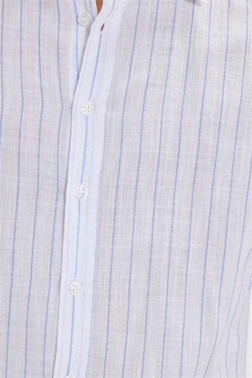 Erkek Slim Fit Dar Kesim Uzun Kollu %100 Pamuk Keten Doku Çizgili Gömlek