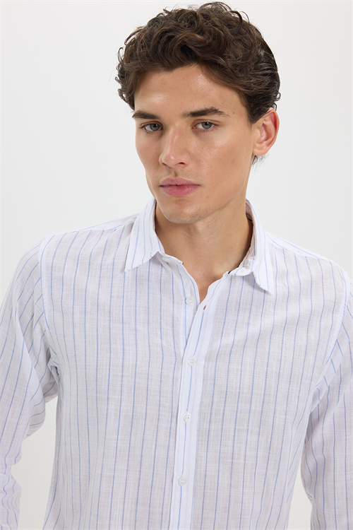 Erkek Slim Fit Dar Kesim Uzun Kollu %100 Pamuk Keten Doku Çizgili Gömlek