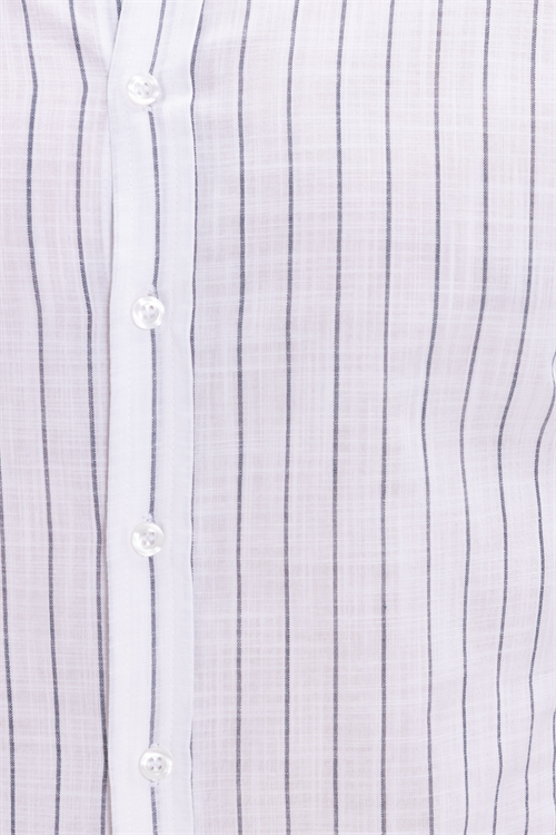 Erkek Slim Fit Dar Kesim Uzun Kollu %100 Pamuk Keten Doku Çizgili Gömlek