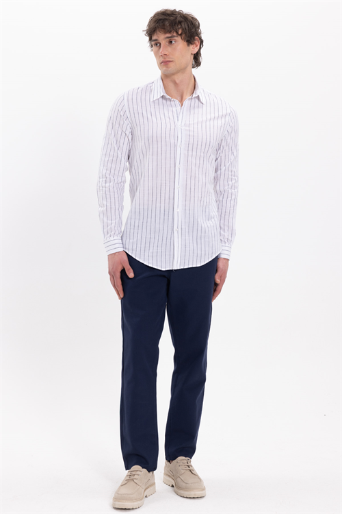 Erkek Slim Fit Dar Kesim Uzun Kollu %100 Pamuk Keten Doku Çizgili Gömlek