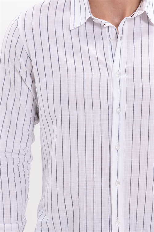 Erkek Slim Fit Dar Kesim Uzun Kollu %100 Pamuk Keten Doku Çizgili Gömlek