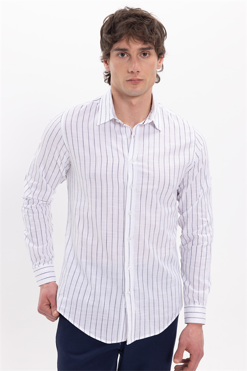 Erkek Slim Fit Dar Kesim Uzun Kollu %100 Pamuk Keten Doku Çizgili Gömlek