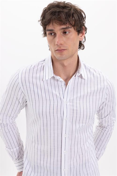 Erkek Slim Fit Dar Kesim Uzun Kollu %100 Pamuk Keten Doku Çizgili Gömlek