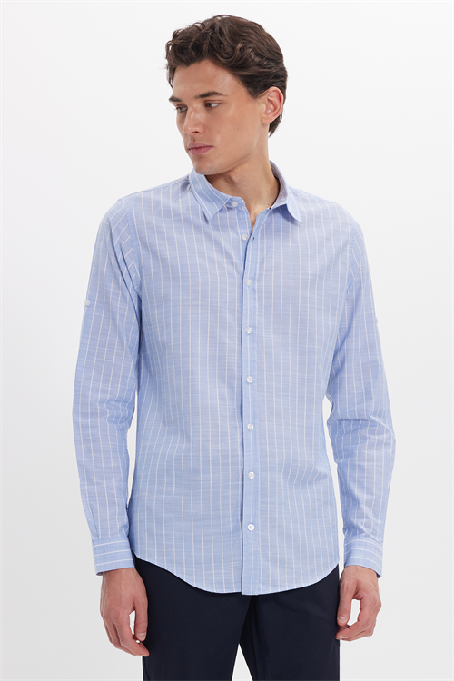 Erkek Slim Fit Dar Kesim Uzun Kollu %100 Pamuk Keten Doku Çizgili Gömlek