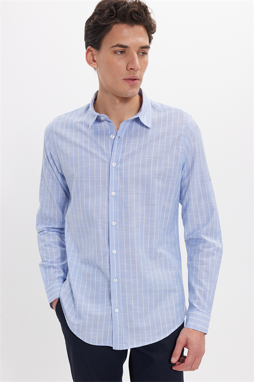 Erkek Slim Fit Dar Kesim Uzun Kollu %100 Pamuk Keten Doku Çizgili Gömlek