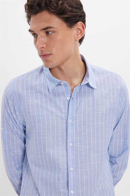 Erkek Slim Fit Dar Kesim Uzun Kollu %100 Pamuk Keten Doku Çizgili Gömlek
