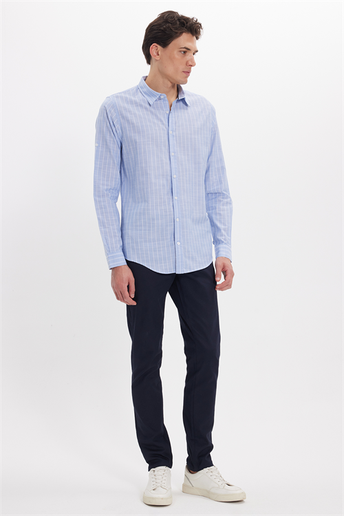 Erkek Slim Fit Dar Kesim Uzun Kollu %100 Pamuk Keten Doku Çizgili Gömlek