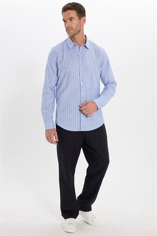 Erkek Slim Fit Dar Kesim Uzun Kollu %100 Pamuk Keten Doku Çizgili Gömlek