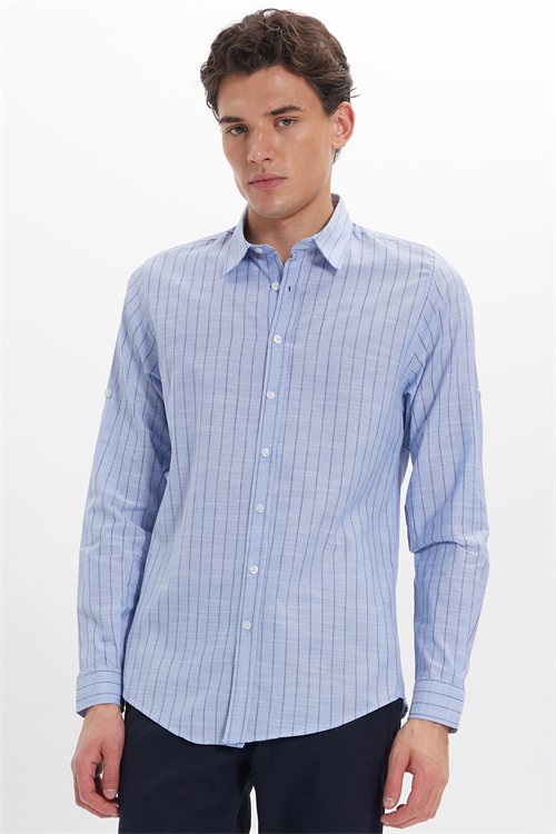Erkek Slim Fit Dar Kesim Uzun Kollu %100 Pamuk Keten Doku Çizgili Gömlek