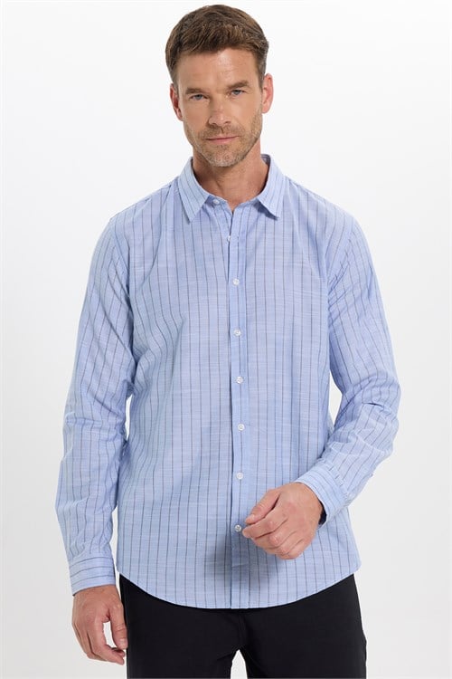 Erkek Slim Fit Dar Kesim Uzun Kollu %100 Pamuk Keten Doku Çizgili Gömlek