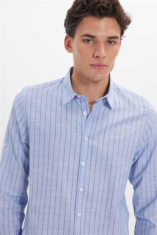 Erkek Slim Fit Dar Kesim Uzun Kollu %100 Pamuk Keten Doku Çizgili Gömlek