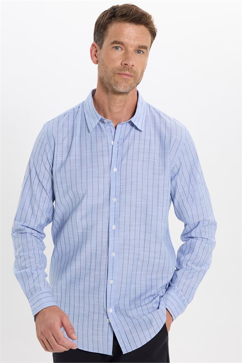 Erkek Slim Fit Dar Kesim Uzun Kollu %100 Pamuk Keten Doku Çizgili Gömlek