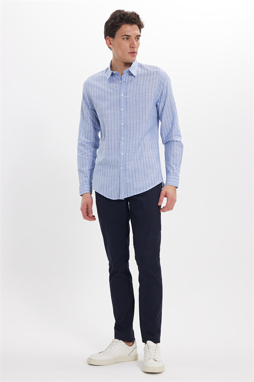 Erkek Slim Fit Dar Kesim Uzun Kollu %100 Pamuk Keten Doku Çizgili Gömlek