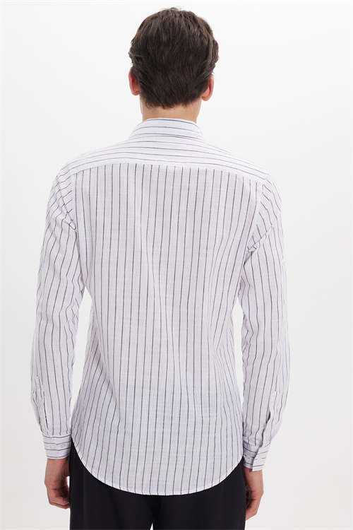 Erkek Slim Fit Dar Kesim Uzun Kollu %100 Pamuk Keten Doku Çizgili Gömlek