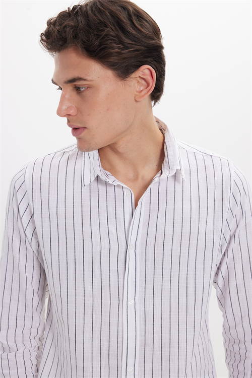 Erkek Slim Fit Dar Kesim Uzun Kollu %100 Pamuk Keten Doku Çizgili Gömlek