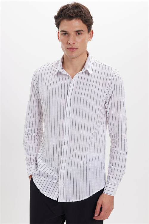 Erkek Slim Fit Dar Kesim Uzun Kollu %100 Pamuk Keten Doku Çizgili Gömlek