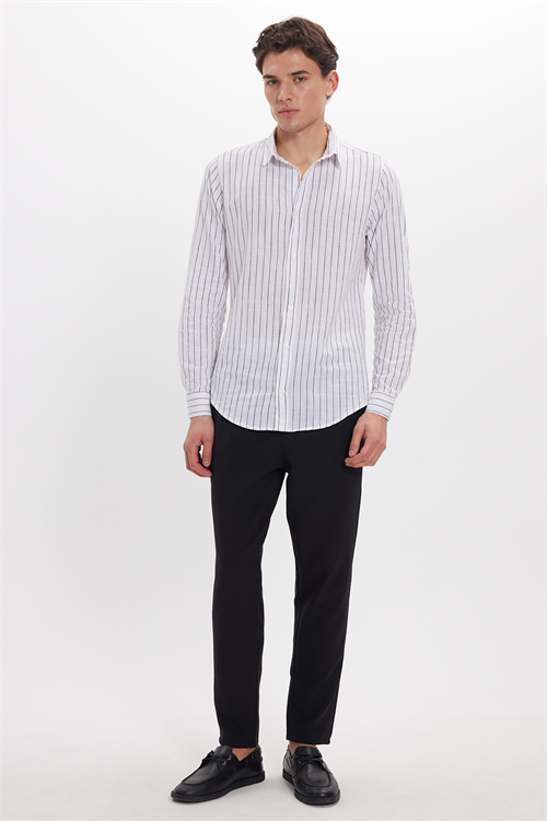 Erkek Slim Fit Dar Kesim Uzun Kollu %100 Pamuk Keten Doku Çizgili Gömlek