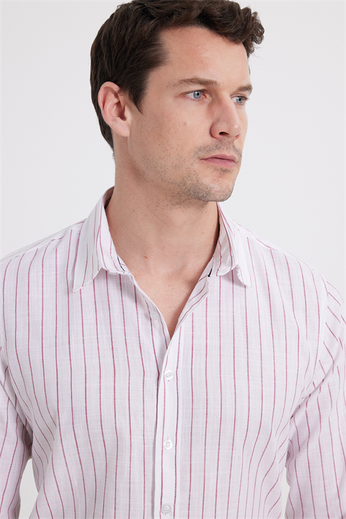 Erkek Slim Fit Dar Kesim Uzun Kollu %100 Pamuk Keten Doku Çizgili Gömlek