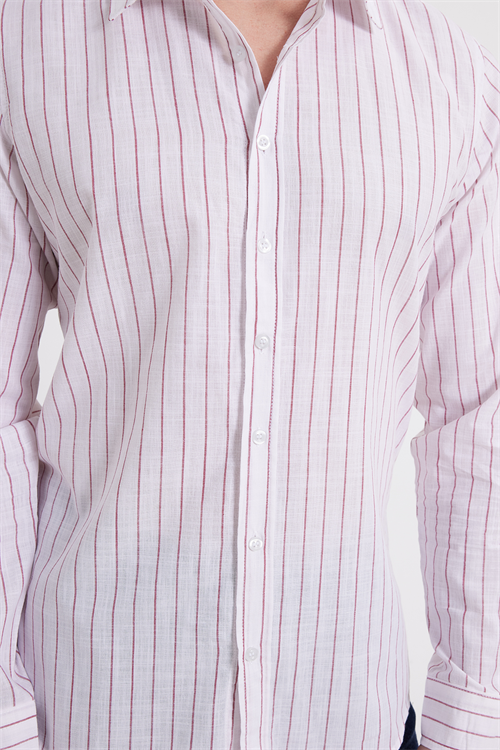 Erkek Slim Fit Dar Kesim Uzun Kollu %100 Pamuk Keten Doku Çizgili Gömlek