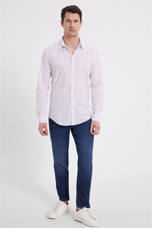 Erkek Slim Fit Dar Kesim Uzun Kollu %100 Pamuk Keten Doku Çizgili Gömlek