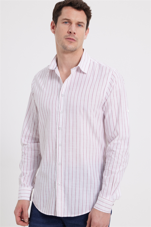 Erkek Slim Fit Dar Kesim Uzun Kollu %100 Pamuk Keten Doku Çizgili Gömlek