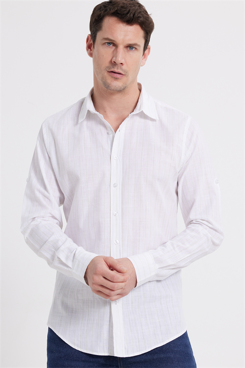 Erkek Slim Fit Dar Kesim Uzun Kollu %100 Pamuk Keten Doku Çizgili Gömlek