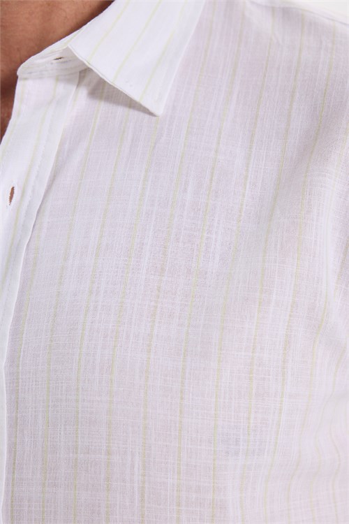 Erkek Slim Fit Dar Kesim Uzun Kollu %100 Pamuk Keten Doku Çizgili Gömlek
