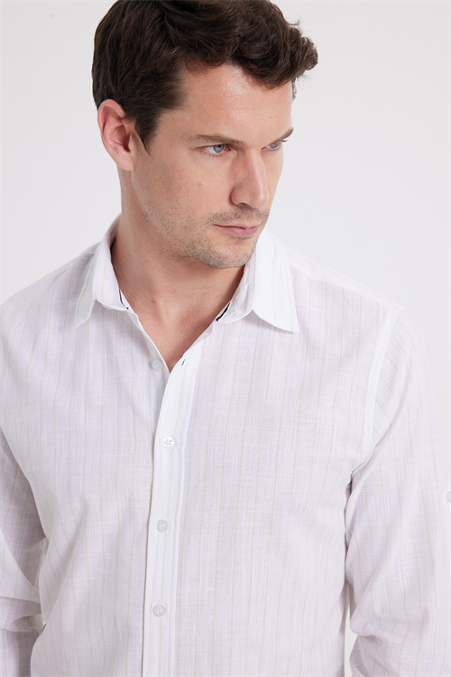 Erkek Slim Fit Dar Kesim Uzun Kollu %100 Pamuk Keten Doku Çizgili Gömlek