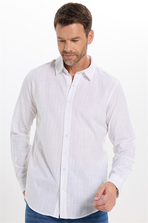 Erkek Slim Fit Dar Kesim Uzun Kollu %100 Pamuk Keten Doku Çizgili Gömlek