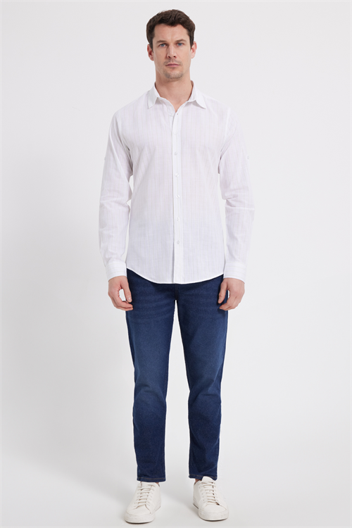 Erkek Slim Fit Dar Kesim Uzun Kollu %100 Pamuk Keten Doku Çizgili Gömlek