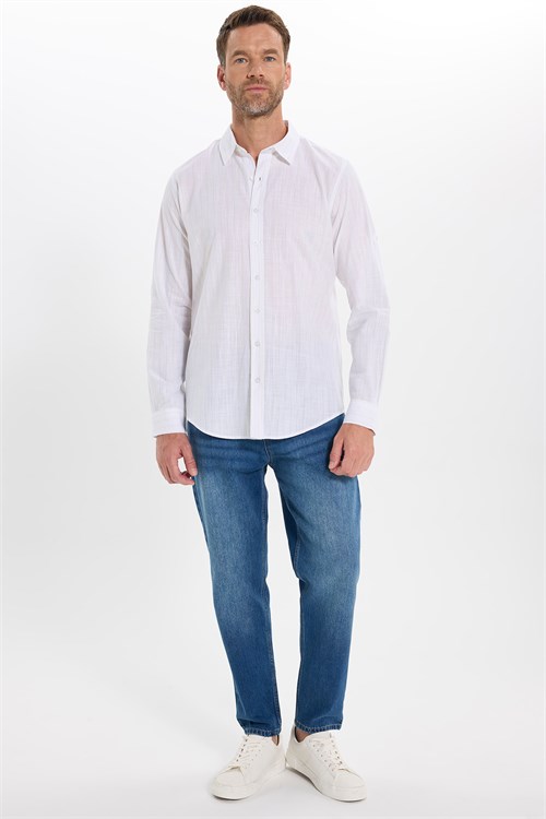 Erkek Slim Fit Dar Kesim Uzun Kollu %100 Pamuk Keten Doku Çizgili Gömlek