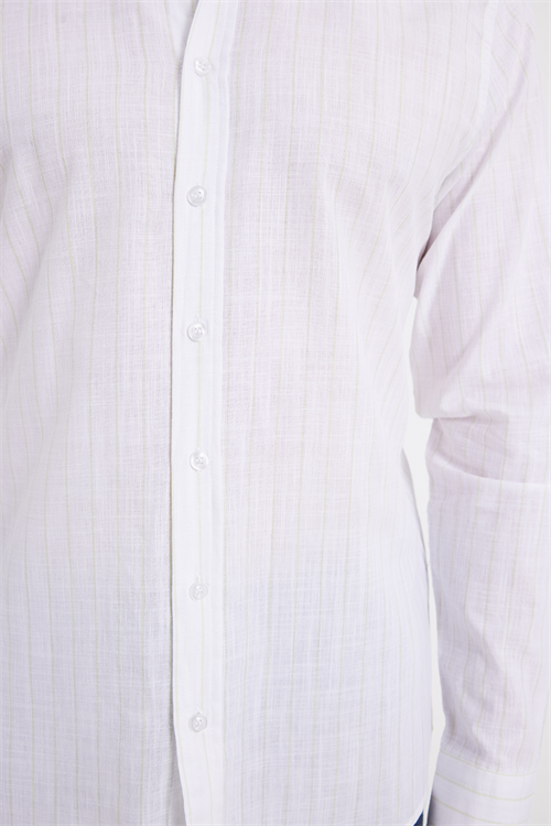 Erkek Slim Fit Dar Kesim Uzun Kollu %100 Pamuk Keten Doku Çizgili Gömlek