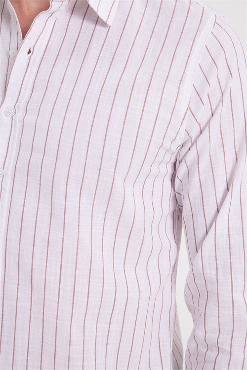 Erkek Slim Fit Dar Kesim Uzun Kollu %100 Pamuk Keten Doku Çizgili Gömlek