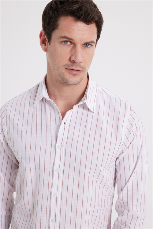 Erkek Slim Fit Dar Kesim Uzun Kollu %100 Pamuk Keten Doku Çizgili Gömlek