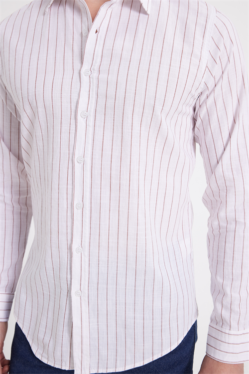 Erkek Slim Fit Dar Kesim Uzun Kollu %100 Pamuk Keten Doku Çizgili Gömlek
