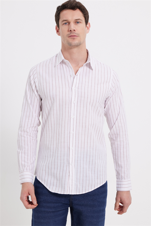 Erkek Slim Fit Dar Kesim Uzun Kollu %100 Pamuk Keten Doku Çizgili Gömlek