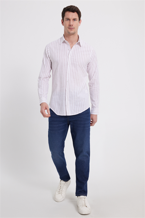 Erkek Slim Fit Dar Kesim Uzun Kollu %100 Pamuk Keten Doku Çizgili Gömlek