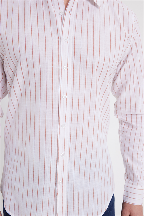 Erkek Slim Fit Dar Kesim Uzun Kollu %100 Pamuk Keten Doku Çizgili Gömlek