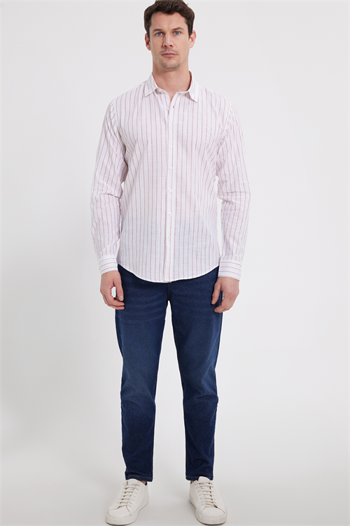 Erkek Slim Fit Dar Kesim Uzun Kollu %100 Pamuk Keten Doku Çizgili Gömlek