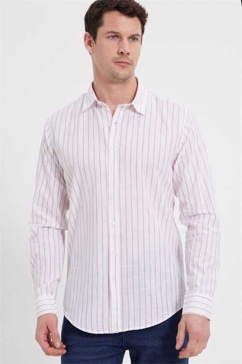 Erkek Slim Fit Dar Kesim Uzun Kollu %100 Pamuk Keten Doku Çizgili Gömlek