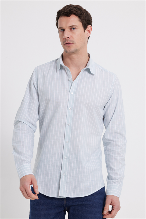 Erkek Slim Fit Dar Kesim Uzun Kollu %100 Pamuk Keten Doku Çizgili Gömlek