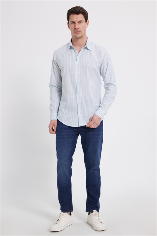 Erkek Slim Fit Dar Kesim Uzun Kollu %100 Pamuk Keten Doku Çizgili Gömlek
