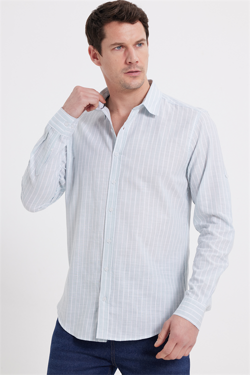 Erkek Slim Fit Dar Kesim Uzun Kollu %100 Pamuk Keten Doku Çizgili Gömlek
