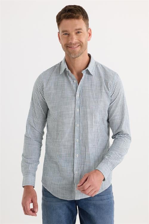 Erkek Slim Fit Dar Kesim Uzun Kollu %100 Pamuk Keten Doku Yeşil Çizgili Gömlek