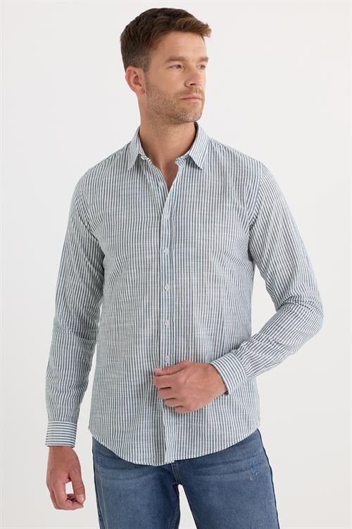 Erkek Slim Fit Dar Kesim Uzun Kollu %100 Pamuk Keten Doku Yeşil Çizgili Gömlek