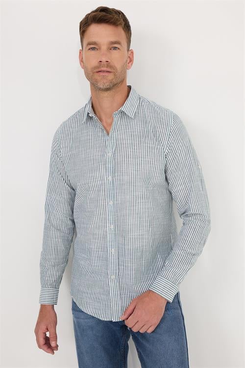 Erkek Slim Fit Dar Kesim Uzun Kollu %100 Pamuk Keten Doku Yeşil Çizgili Gömlek