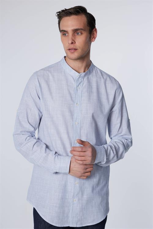 Erkek Slim Fit Dar Kesim Uzun Kollu %100 Pamuk Keten Doku Çizgili Hakim Yaka Gömlek